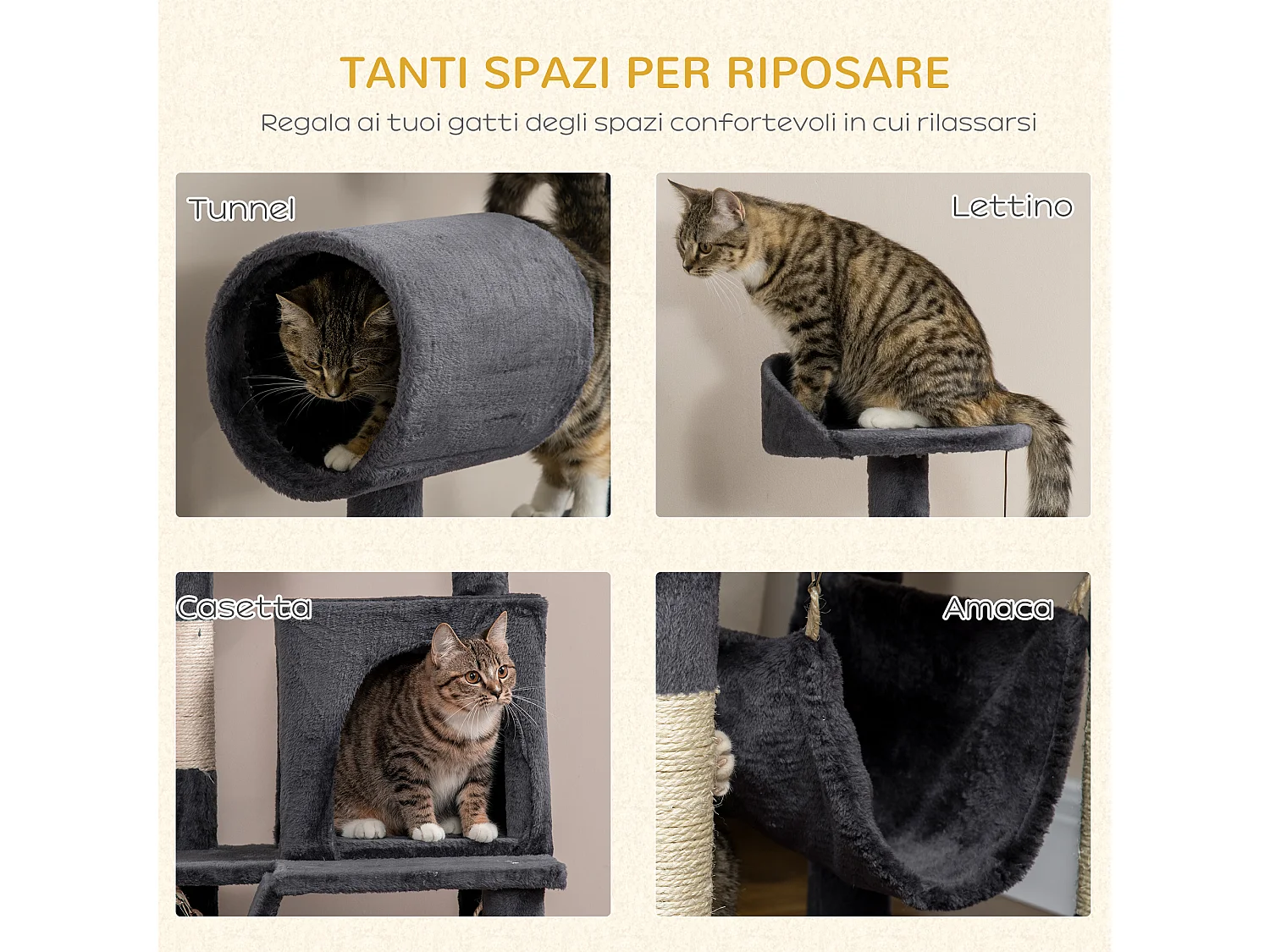 Albero per gatti con tiragraffi casetta letto e pallina giocattolo grigio