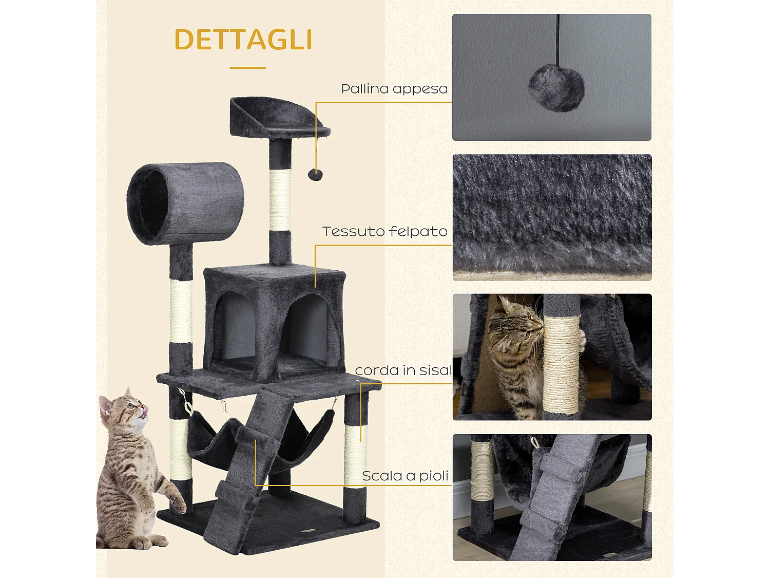 Albero per gatti con tiragraffi casetta letto e pallina giocattolo grigio