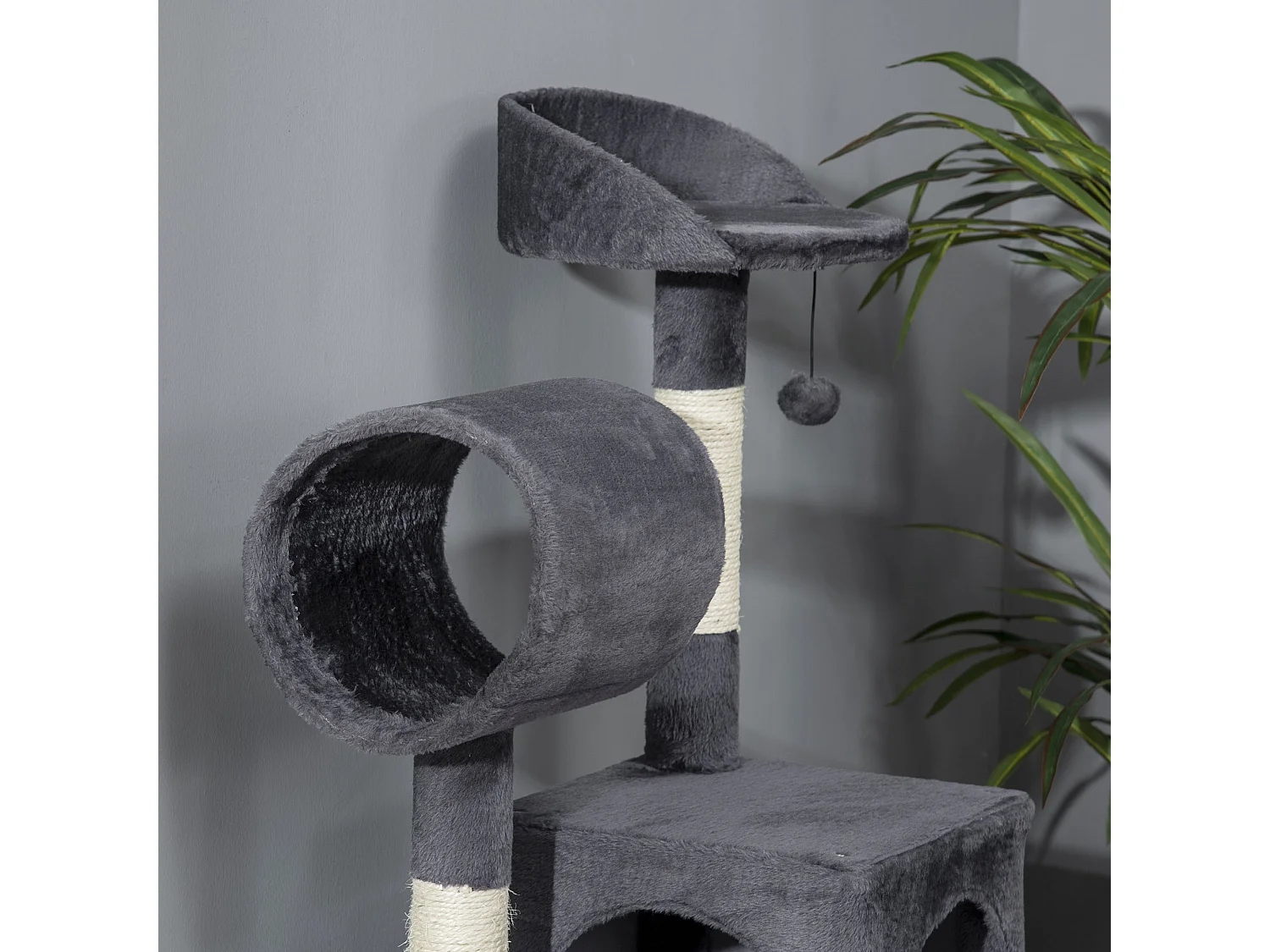 Albero per gatti con tiragraffi casetta letto e pallina giocattolo grigio