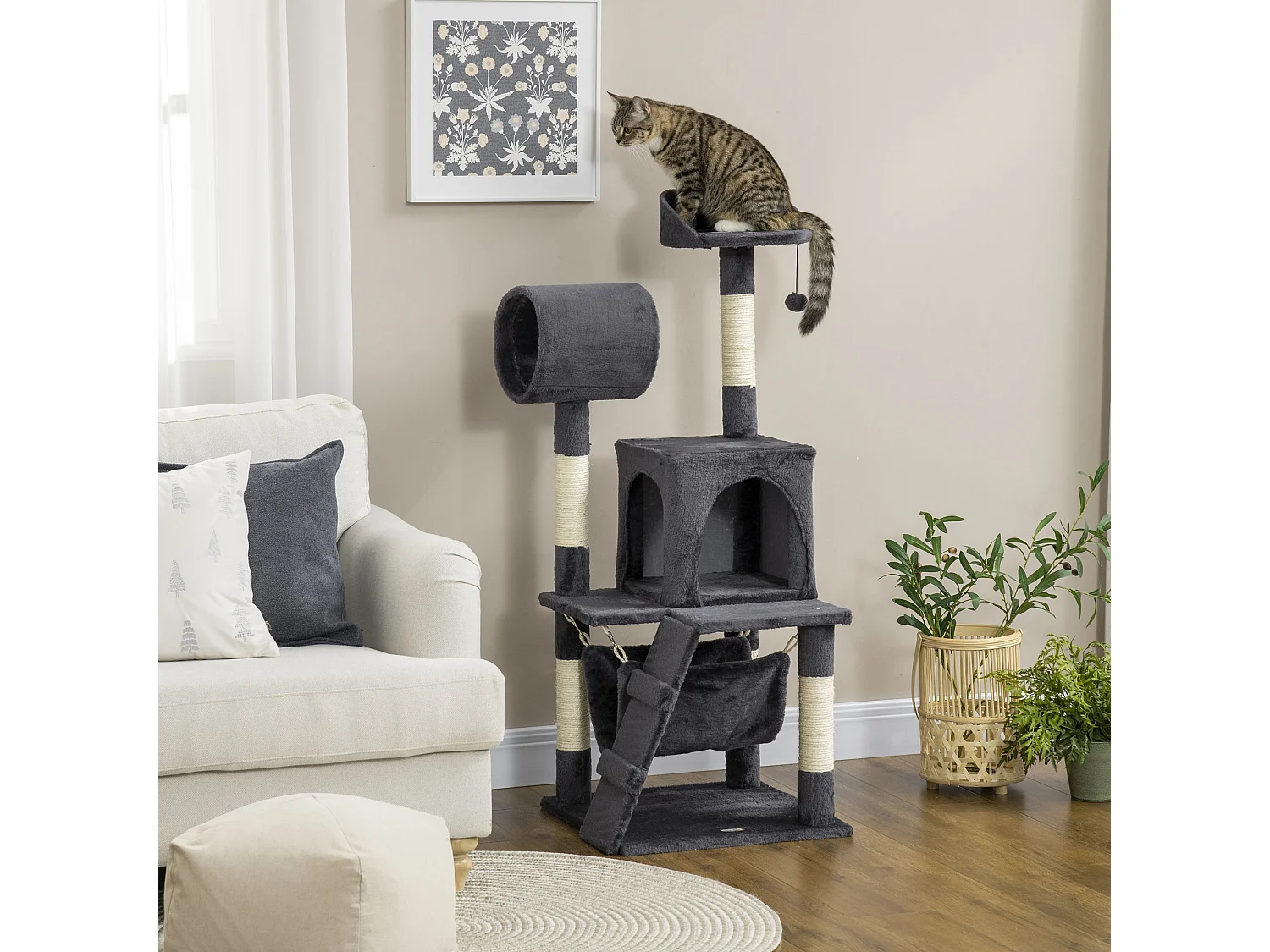 Albero per gatti con tiragraffi casetta letto e pallina giocattolo grigio