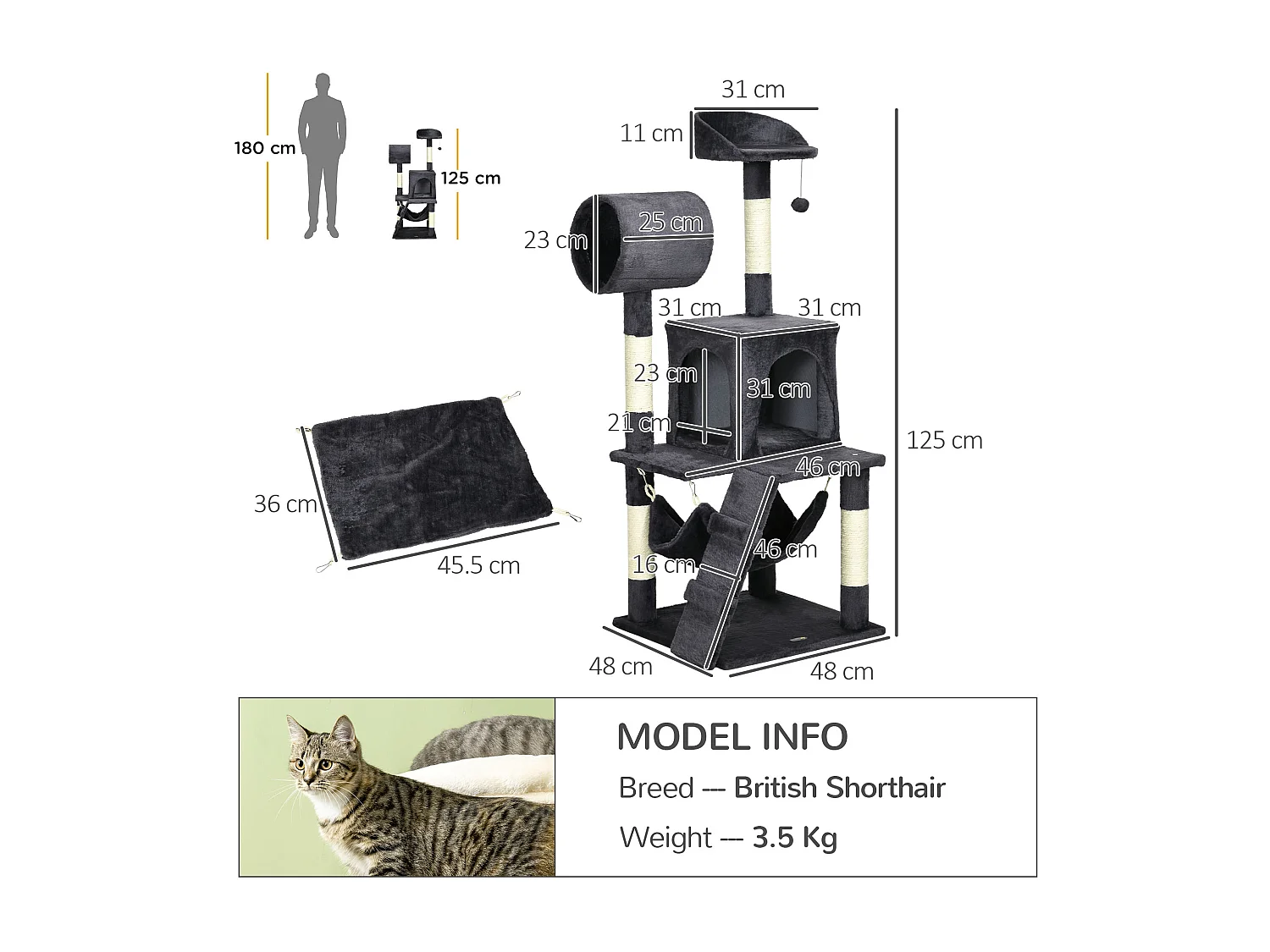 Albero per gatti con tiragraffi casetta letto e pallina giocattolo grigio