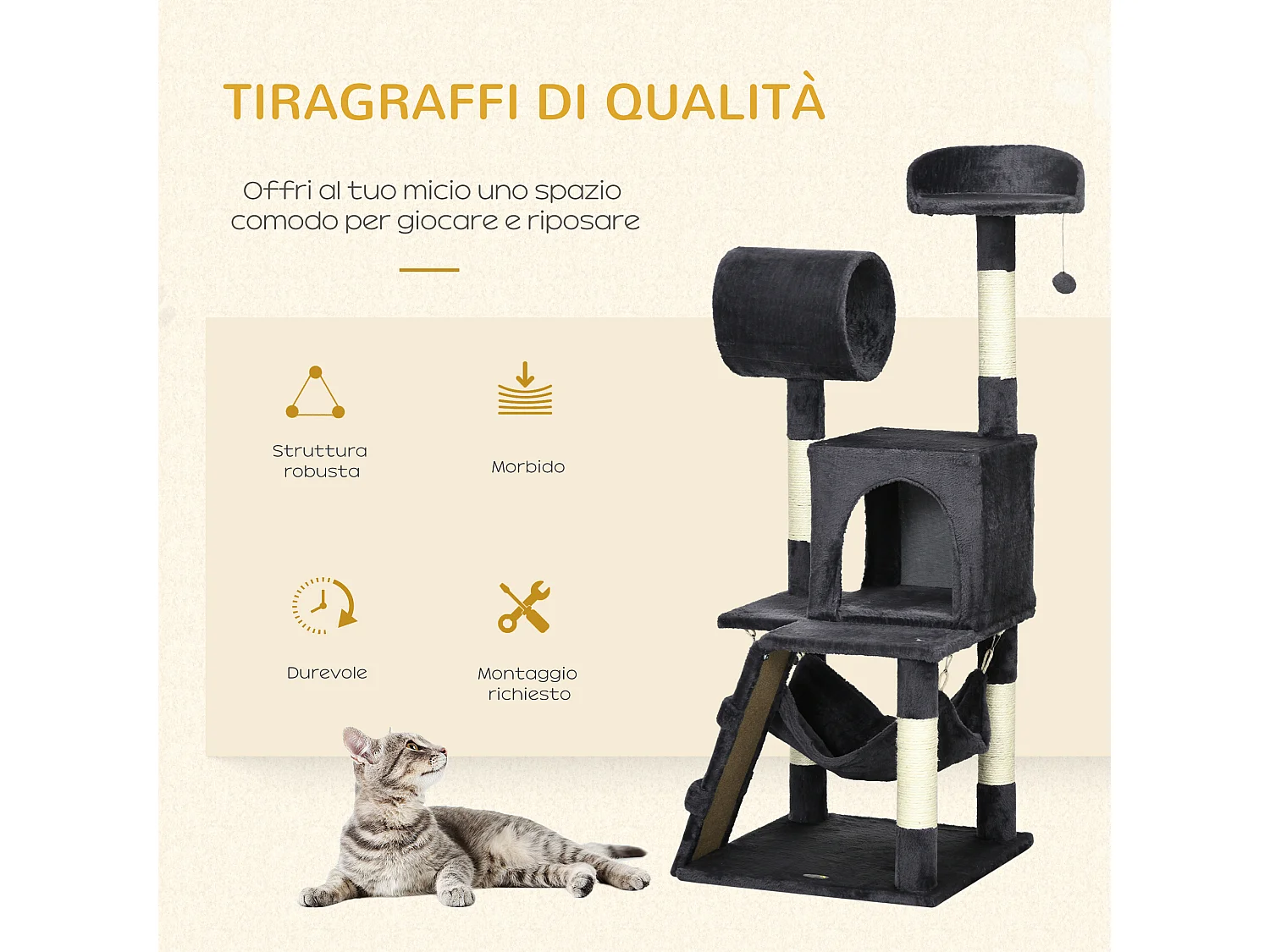 Albero per gatti con tiragraffi casetta letto e pallina giocattolo grigio