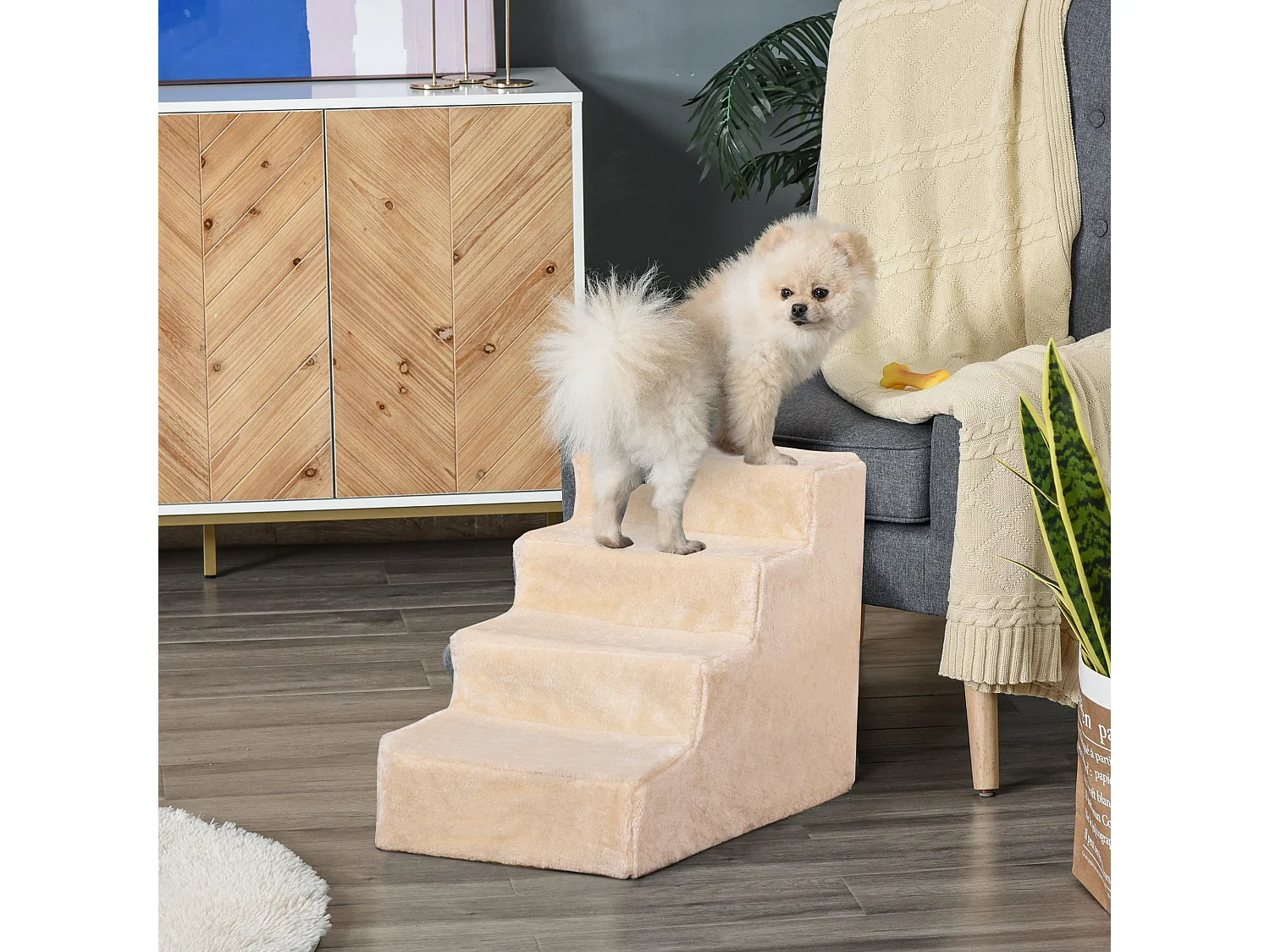Scaletta per cani portatile a 4 gradini in poliestere e truciolato beige