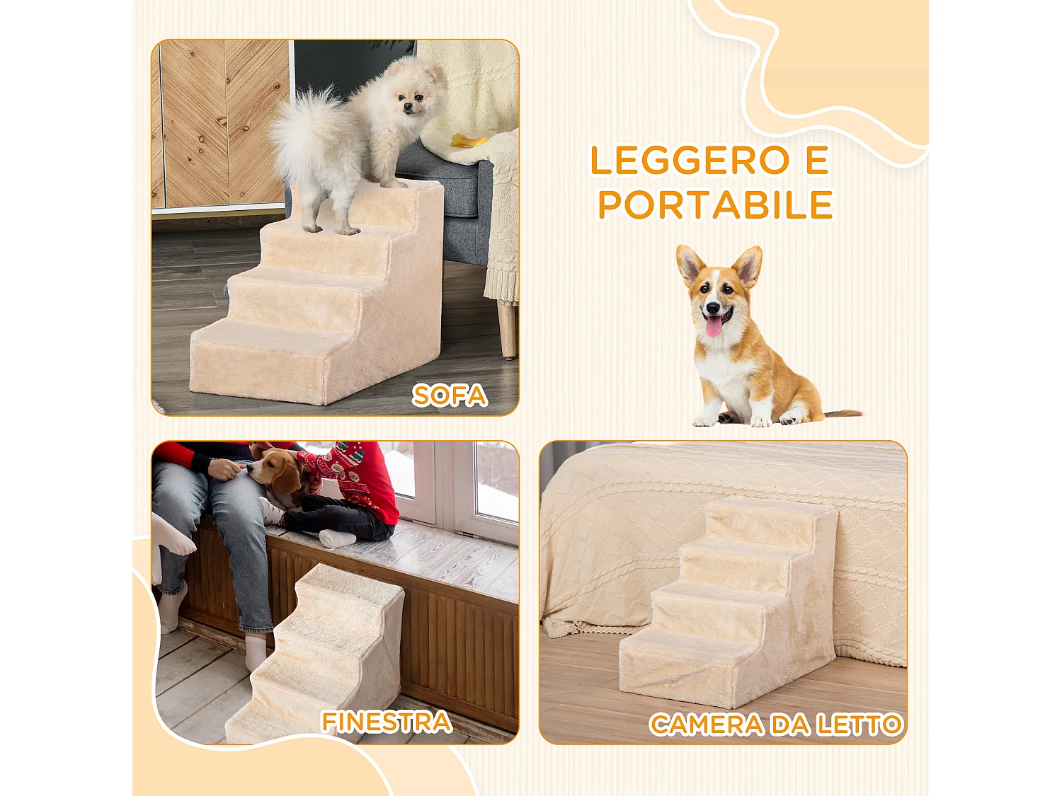 Scaletta per cani portatile a 4 gradini in poliestere e truciolato beige