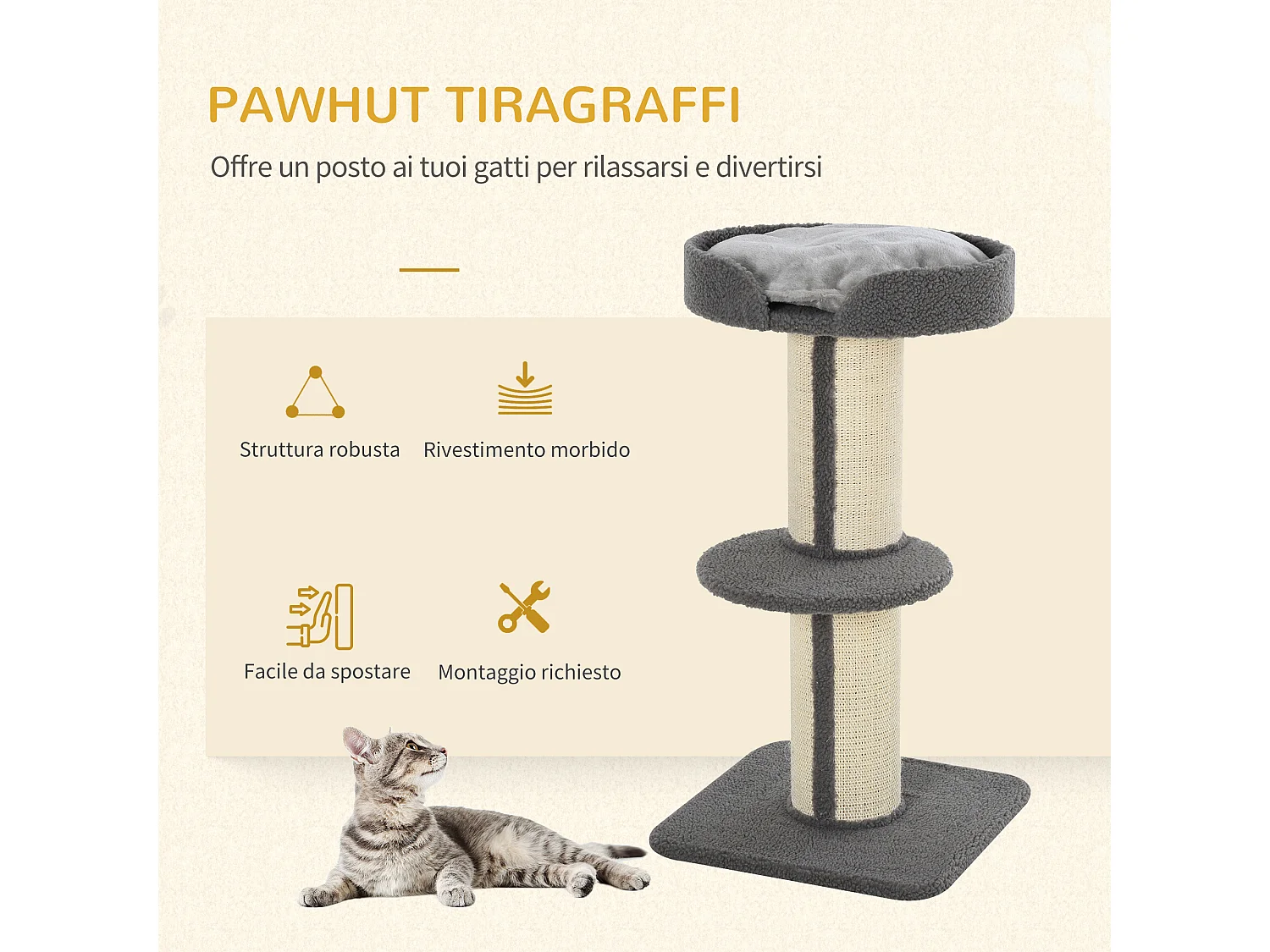 Albero tiragraffi per gatti con cuccia e cuscino rivestimento peluche