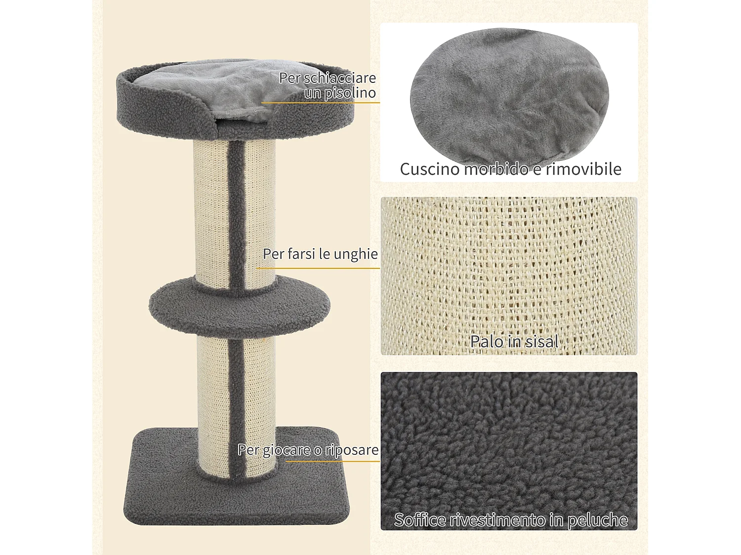 Albero tiragraffi per gatti con cuccia e cuscino rivestimento peluche