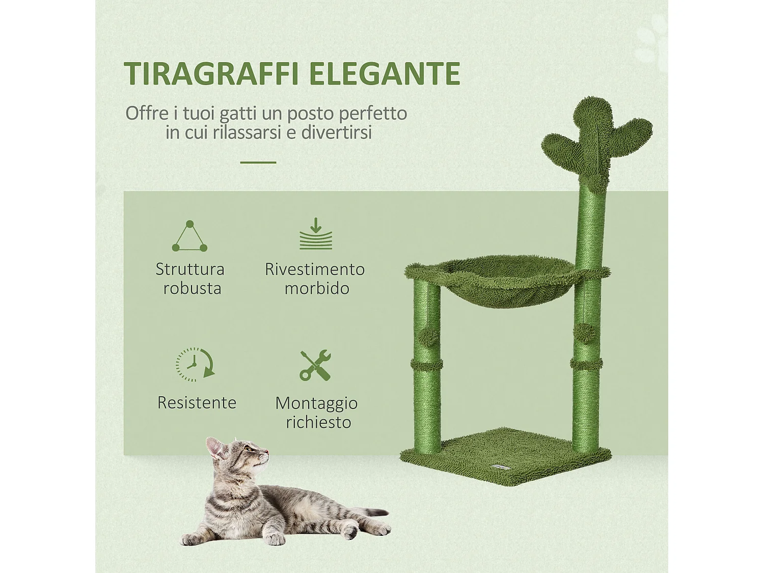 Albero tiragraffi a forma di cactus per gatti adulti 96x40x40cm verde
