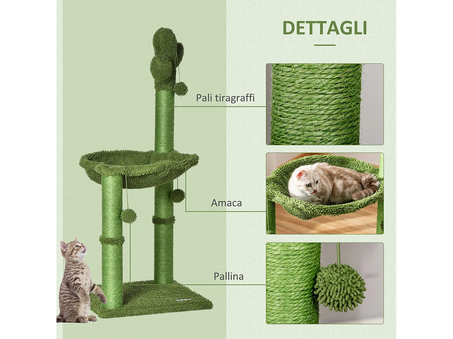 Albero tiragraffi a forma di cactus per gatti adulti 96x40x40cm verde
