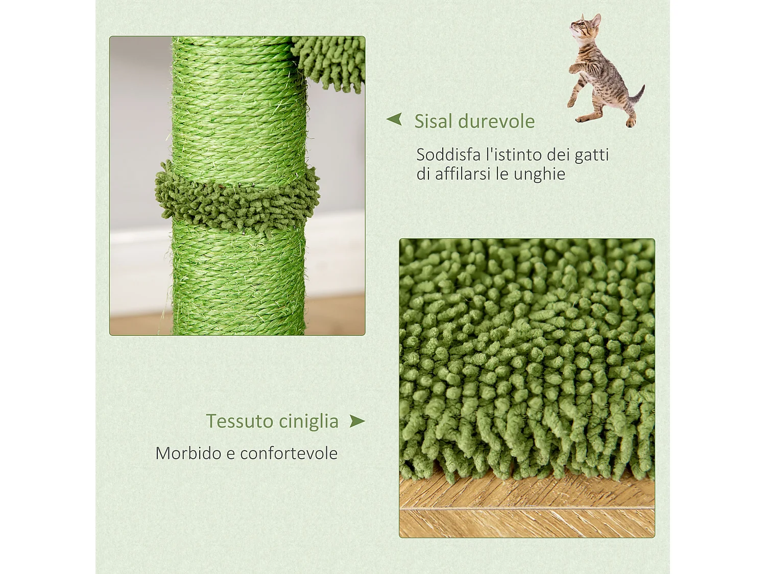 Albero tiragraffi a forma di cactus per gatti adulti 96x40x40cm verde