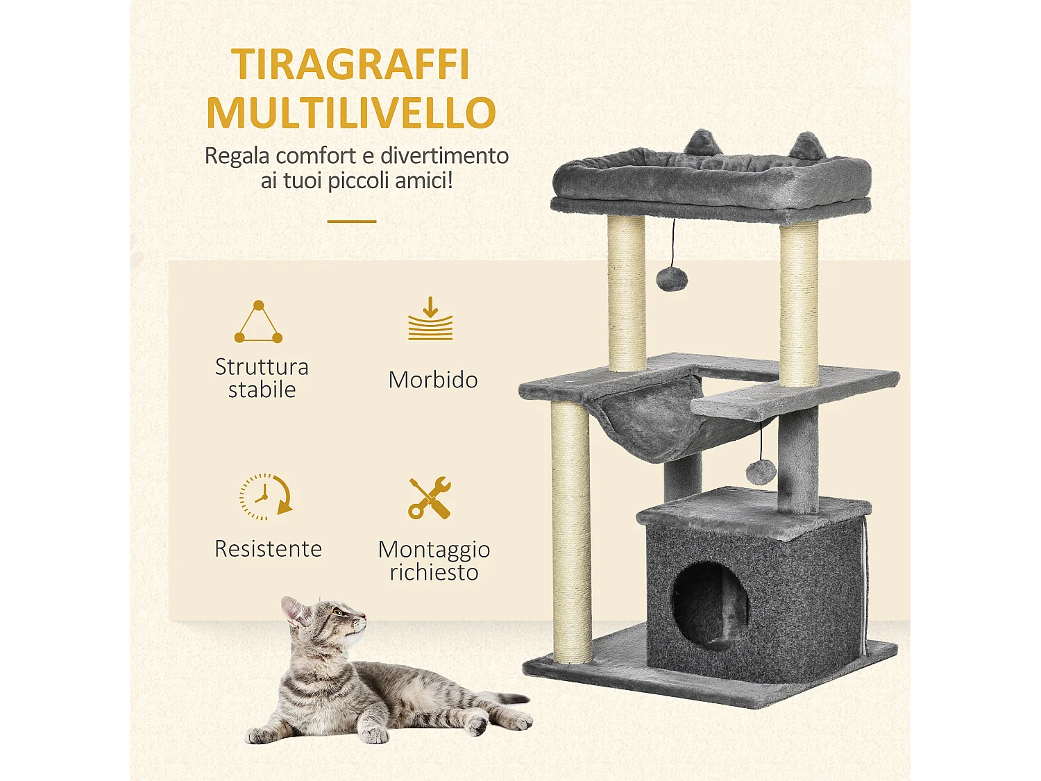 Albero per gatti alto 90cm tiragraffi in sisal casetta cuscino amaca