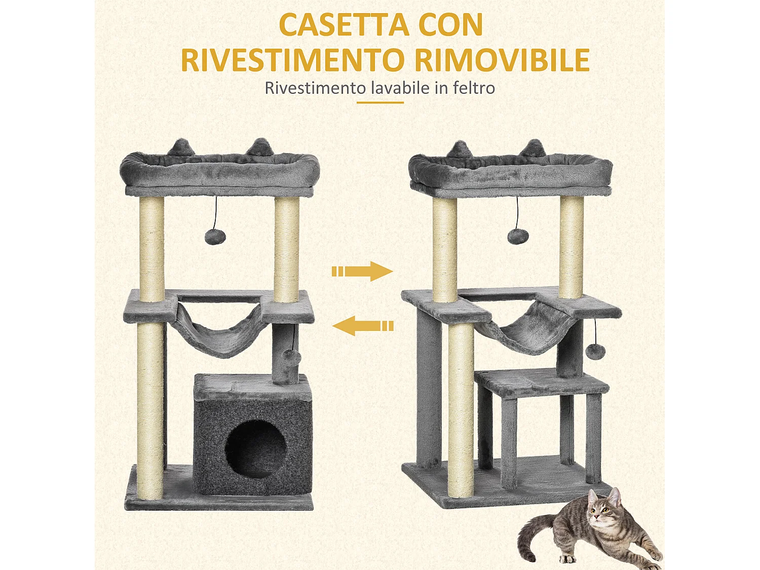 Albero per gatti alto 90cm tiragraffi in sisal casetta cuscino amaca