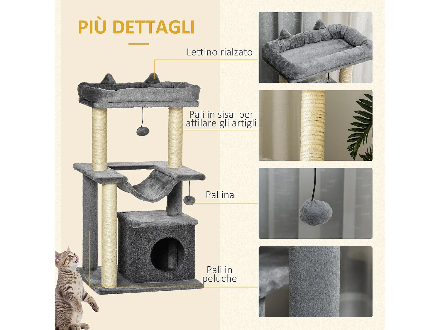 Albero per gatti alto 90cm tiragraffi in sisal casetta cuscino amaca