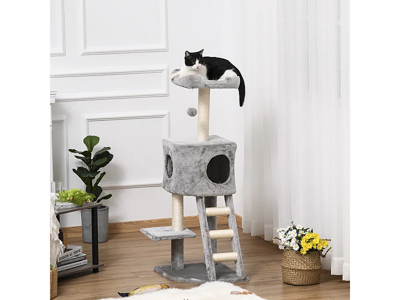 Tiragraffi multilivello per gatti, cuccia e corde in sisal grigio chiaro