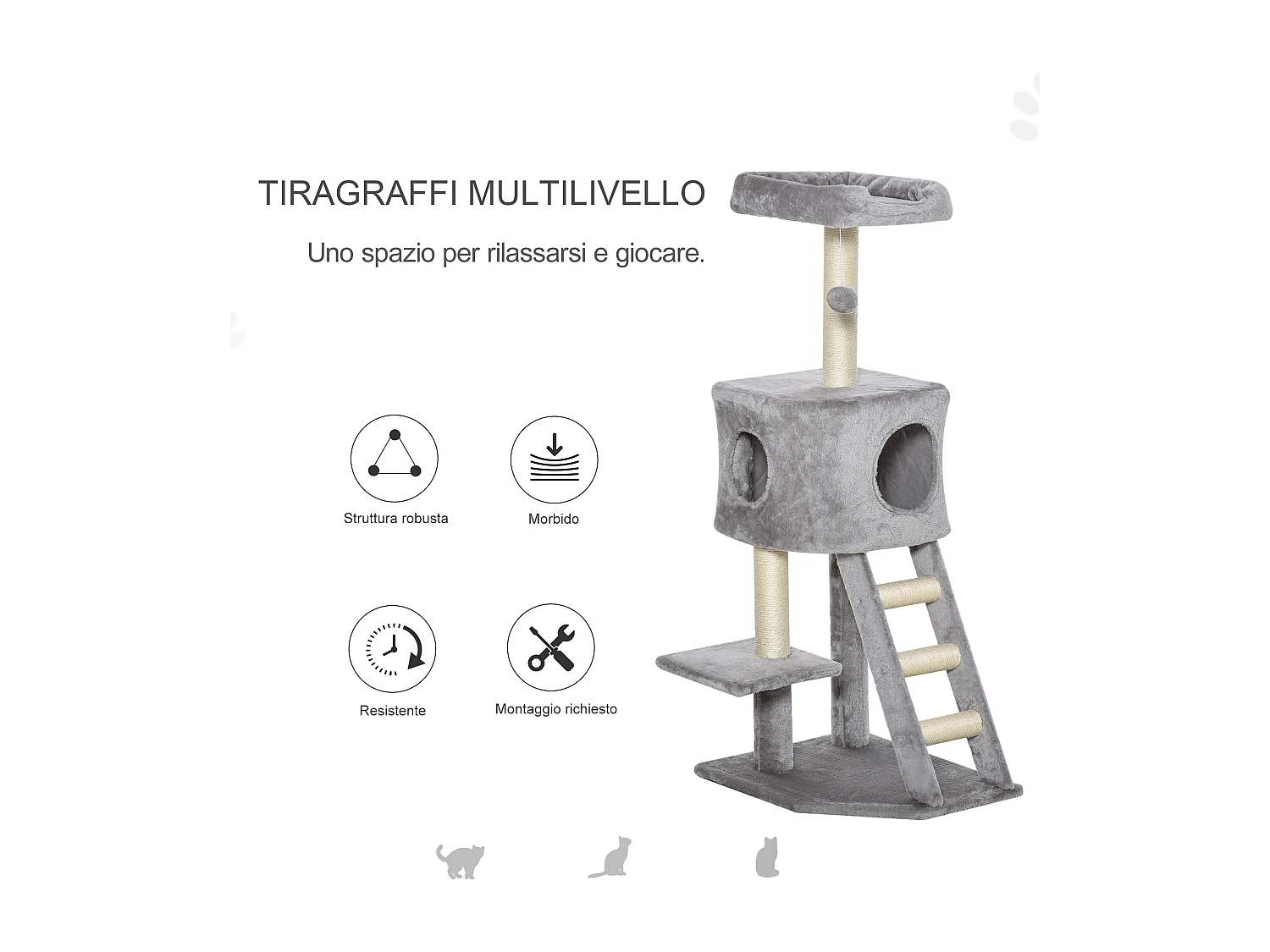 Tiragraffi multilivello per gatti, cuccia e corde in sisal grigio chiaro