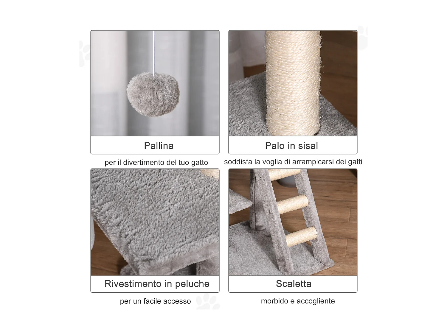 Tiragraffi multilivello per gatti, cuccia e corde in sisal grigio chiaro