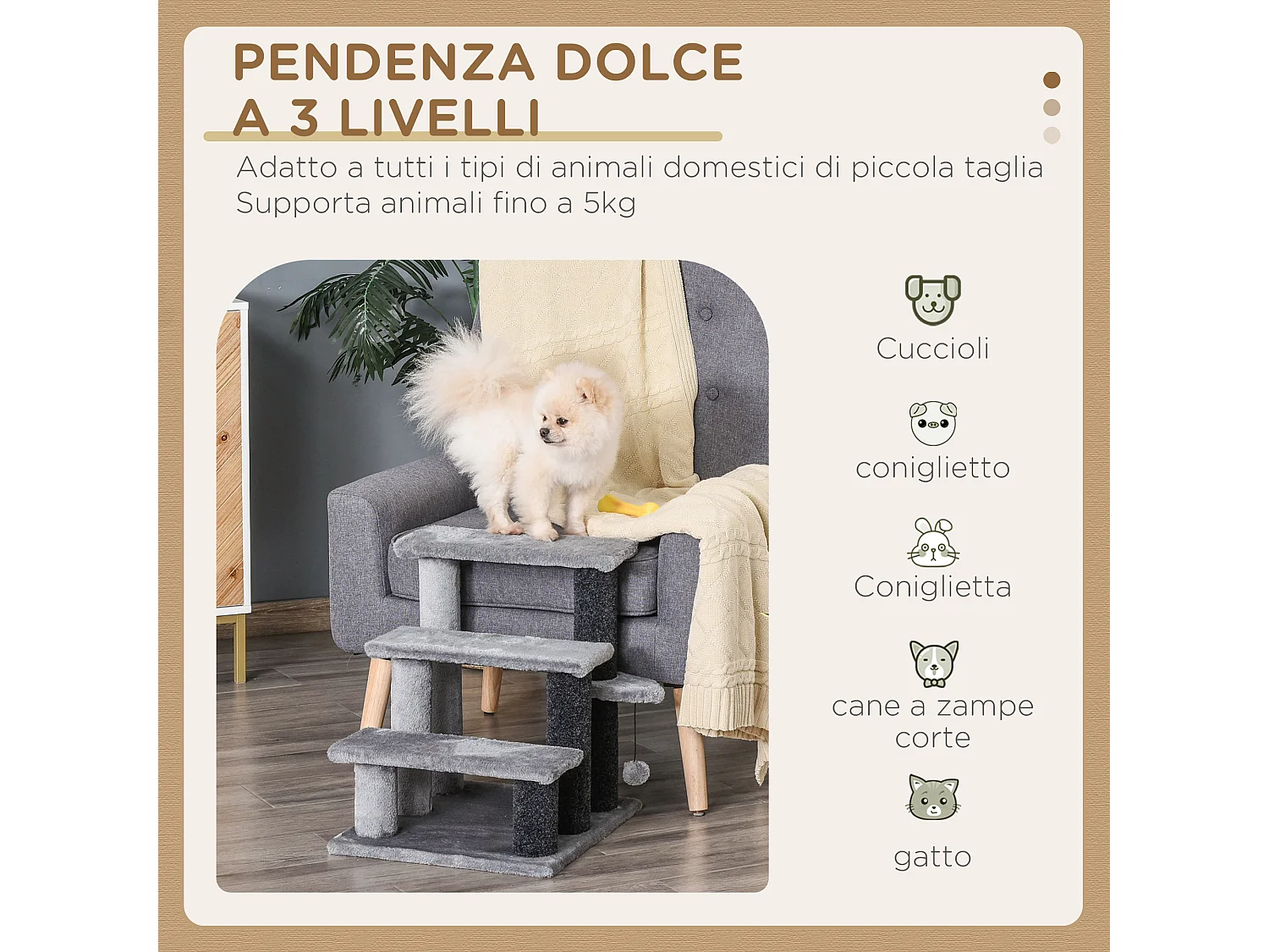 Scaletta per gatti a 3 gradini in flanella con pallina 45x40x48cm grigio