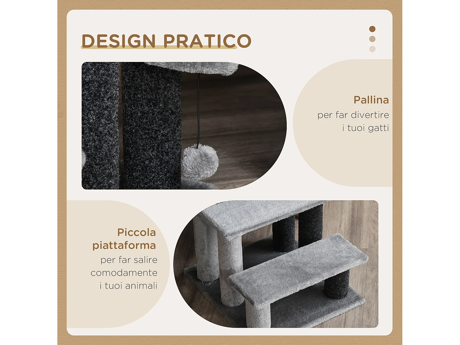 Scaletta per gatti a 3 gradini in flanella con pallina 45x40x48cm grigio