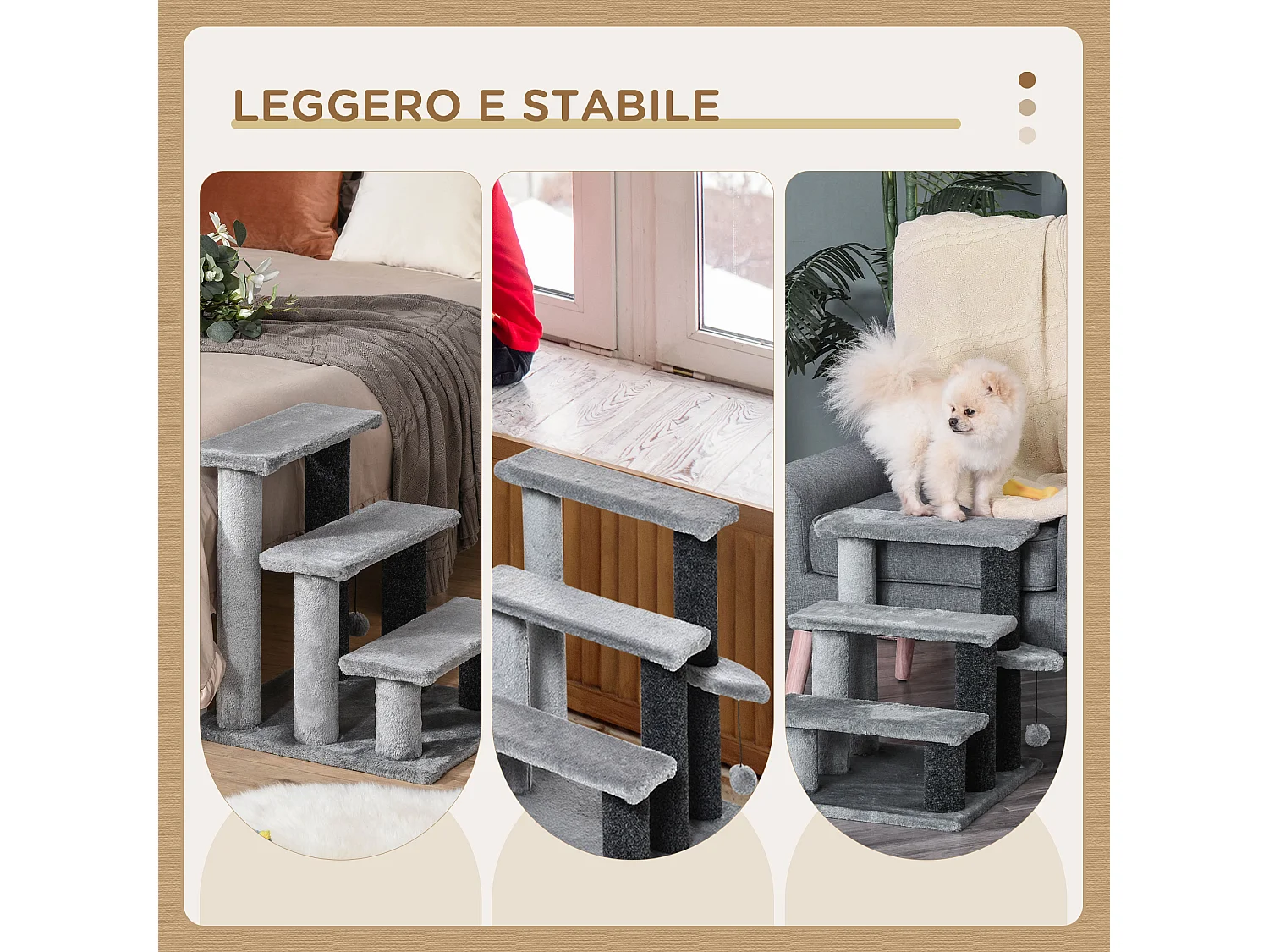 Scaletta per gatti a 3 gradini in flanella con pallina 45x40x48cm grigio