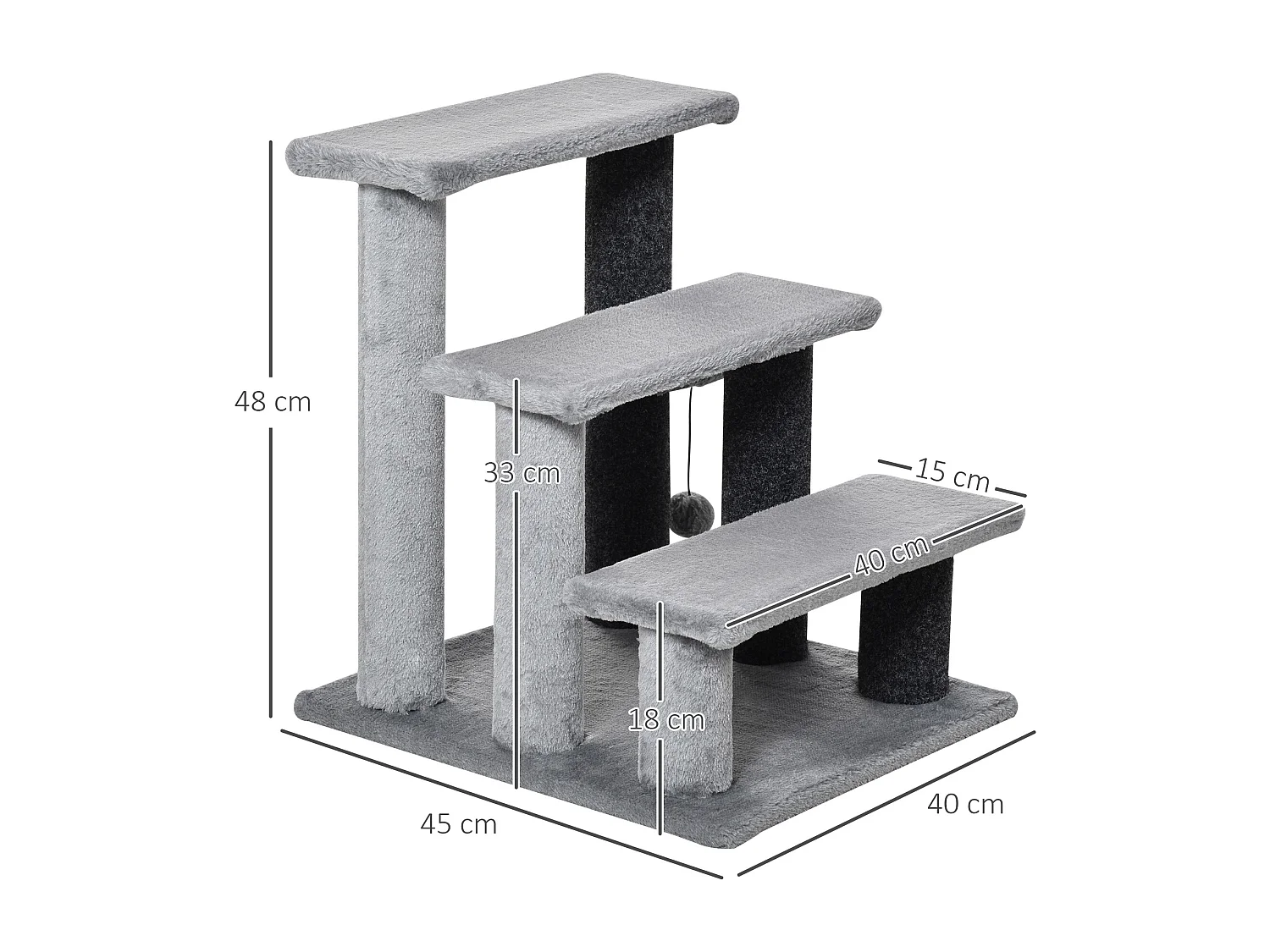 Scaletta per gatti a 3 gradini in flanella con pallina 45x40x48cm grigio