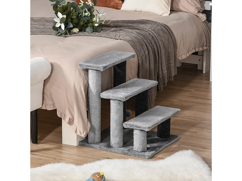 Scaletta per gatti a 3 gradini in flanella con pallina 45x40x48cm grigio