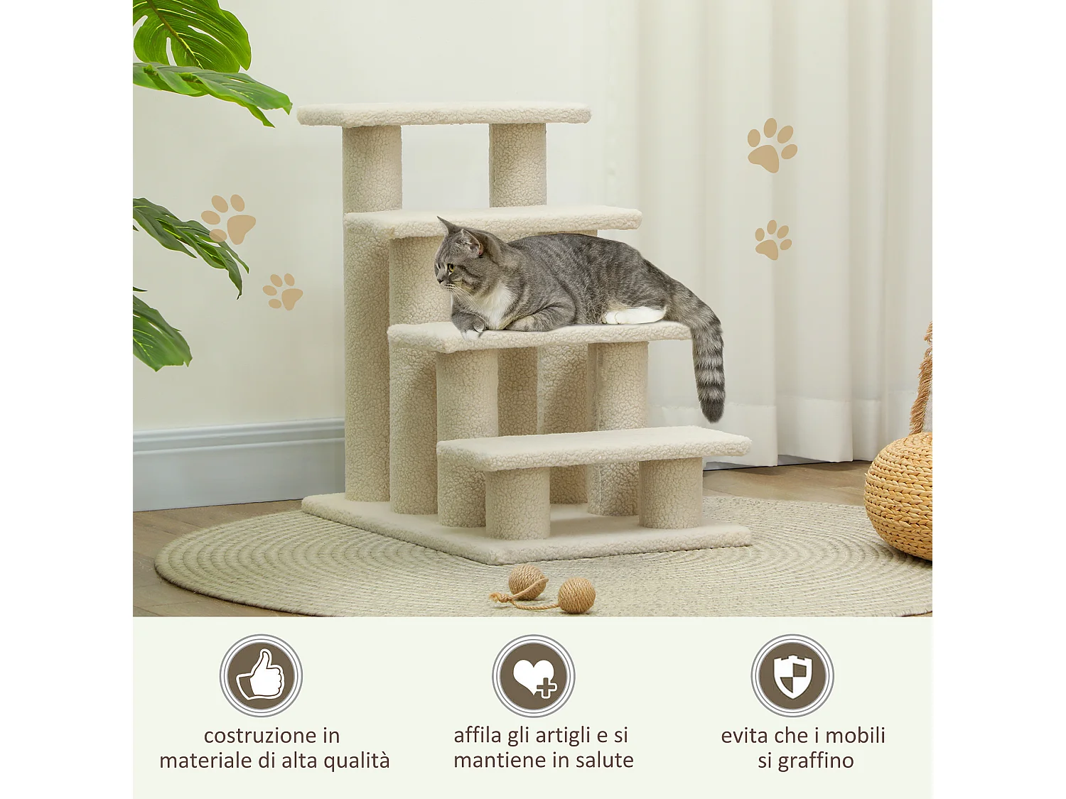 Scaletta per animali domestici con 4 gradini e morbido rivestimento crema