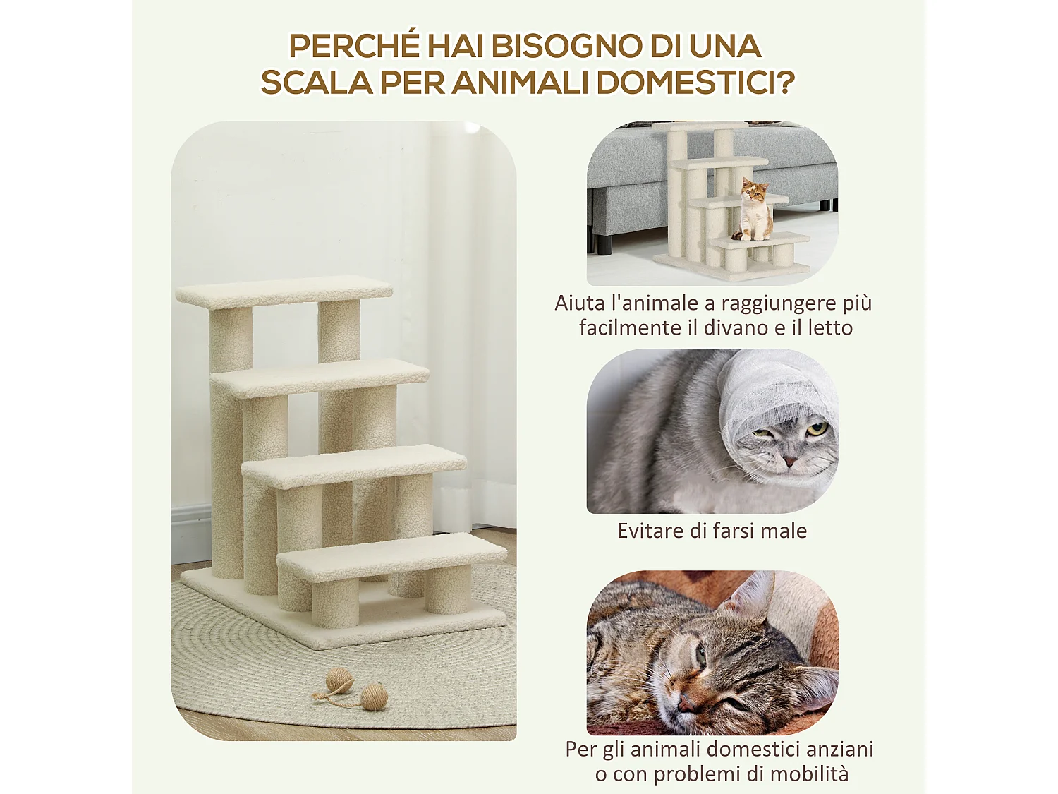 Scaletta per animali domestici con 4 gradini e morbido rivestimento crema