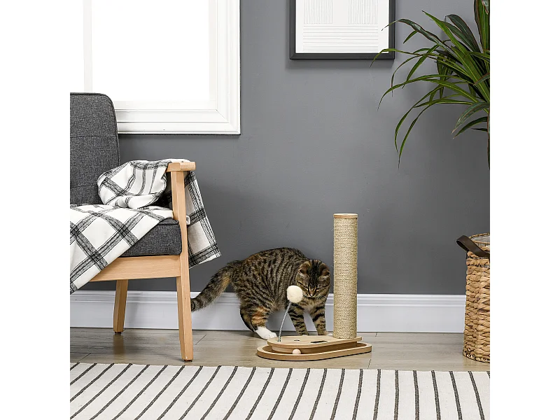Tiragraffi per gatti in truciolato e iuta con palline da gioco incluse