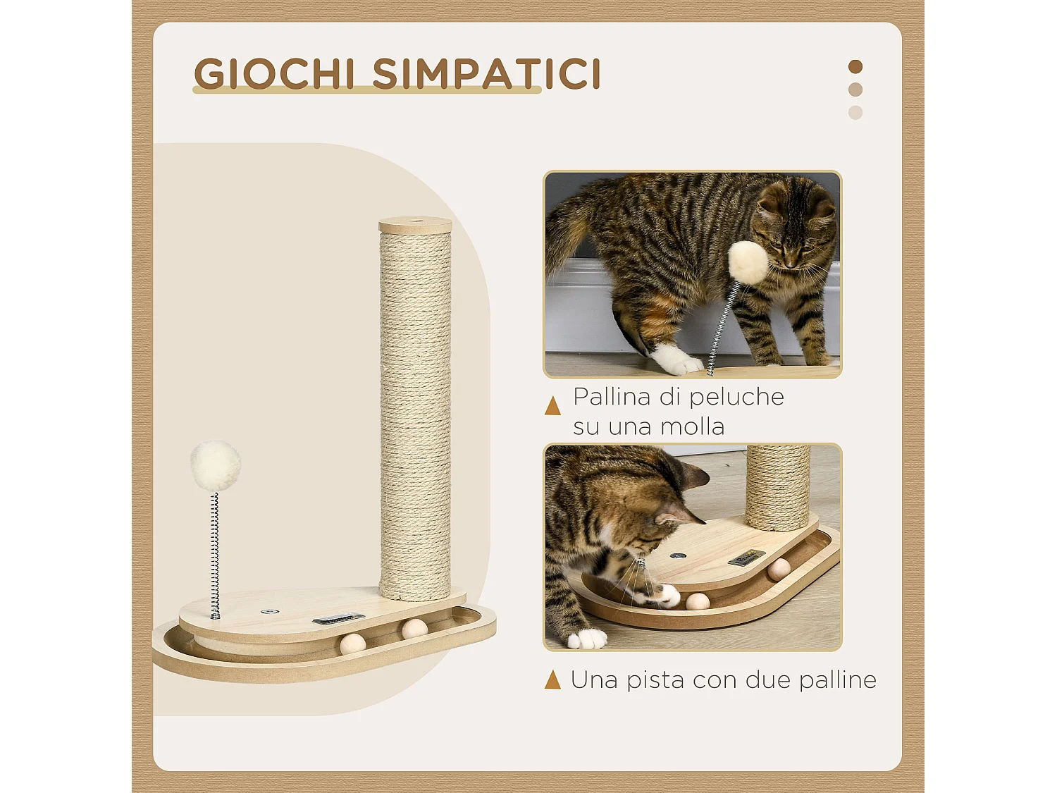 Tiragraffi per gatti in truciolato e iuta con palline da gioco incluse