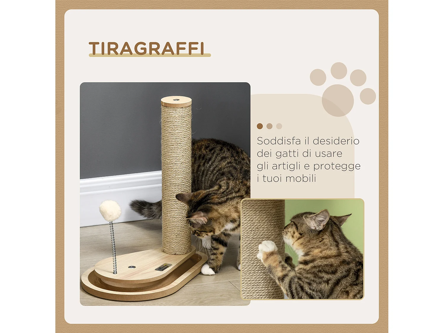 Tiragraffi per gatti in truciolato e iuta con palline da gioco incluse