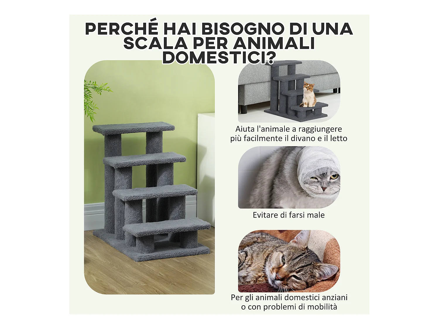 Scaletta per cani e gatti a 4 gradini con rivestimento in peluche grigio