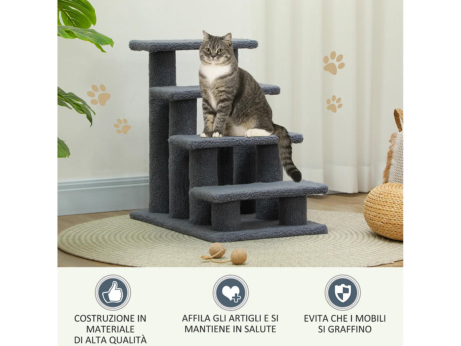 Scaletta per cani e gatti a 4 gradini con rivestimento in peluche grigio