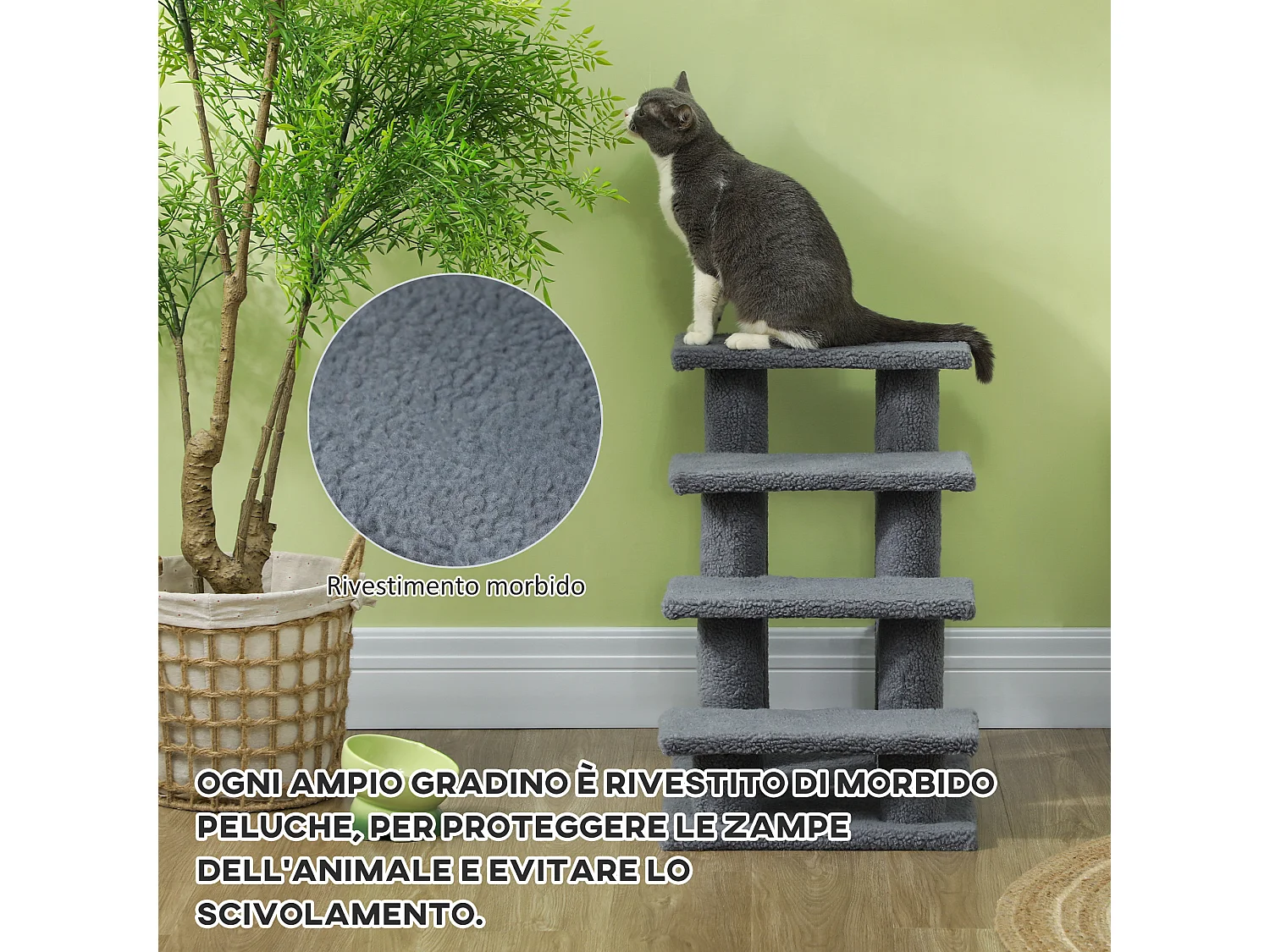 Scaletta per cani e gatti a 4 gradini con rivestimento in peluche grigio