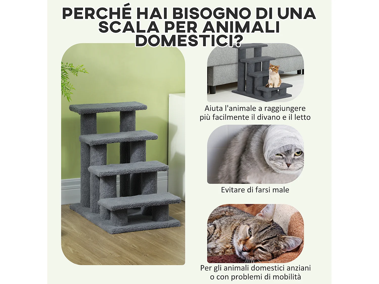 Scaletta per cani e gatti a 4 gradini con rivestimento in peluche grigio