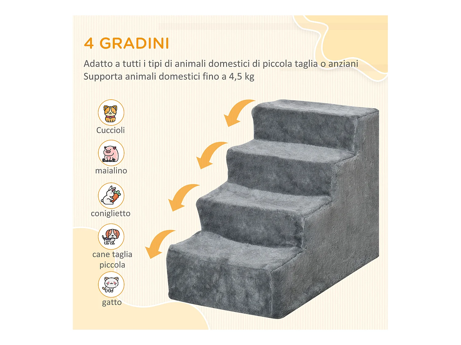 Scaletta per cani portatile a 4 gradini in poliestere e truciolato grigio
