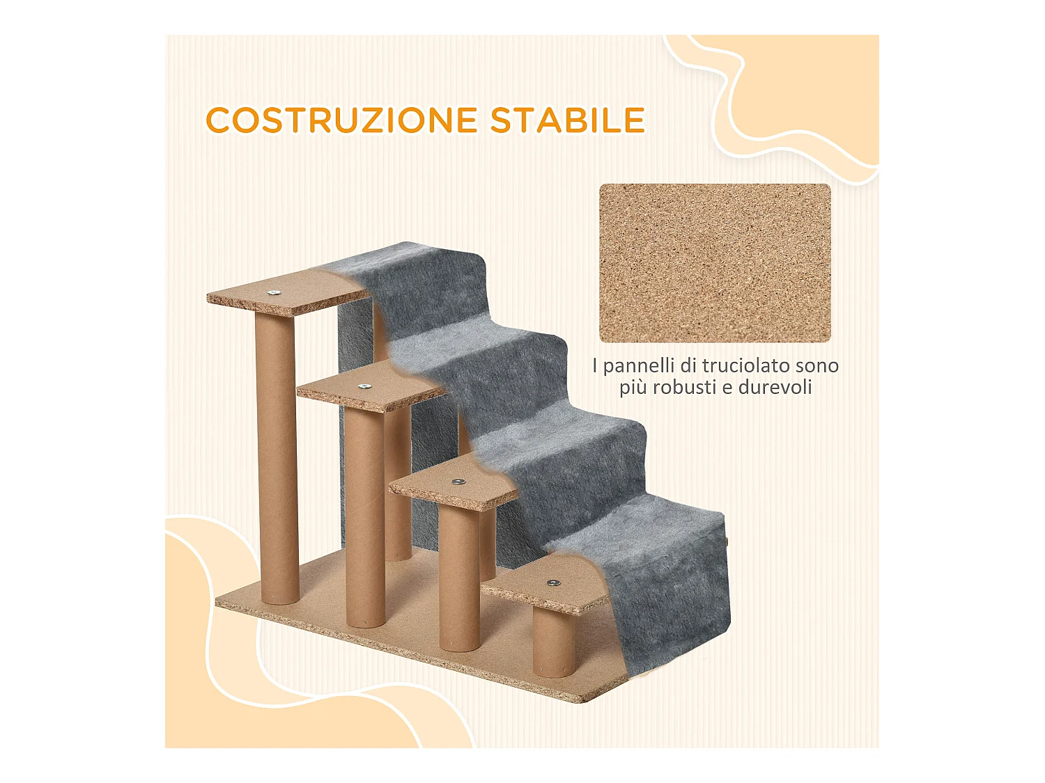 Scaletta per cani portatile a 4 gradini in poliestere e truciolato grigio