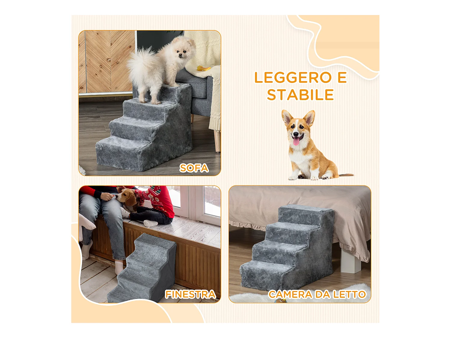 Scaletta per cani portatile a 4 gradini in poliestere e truciolato grigio