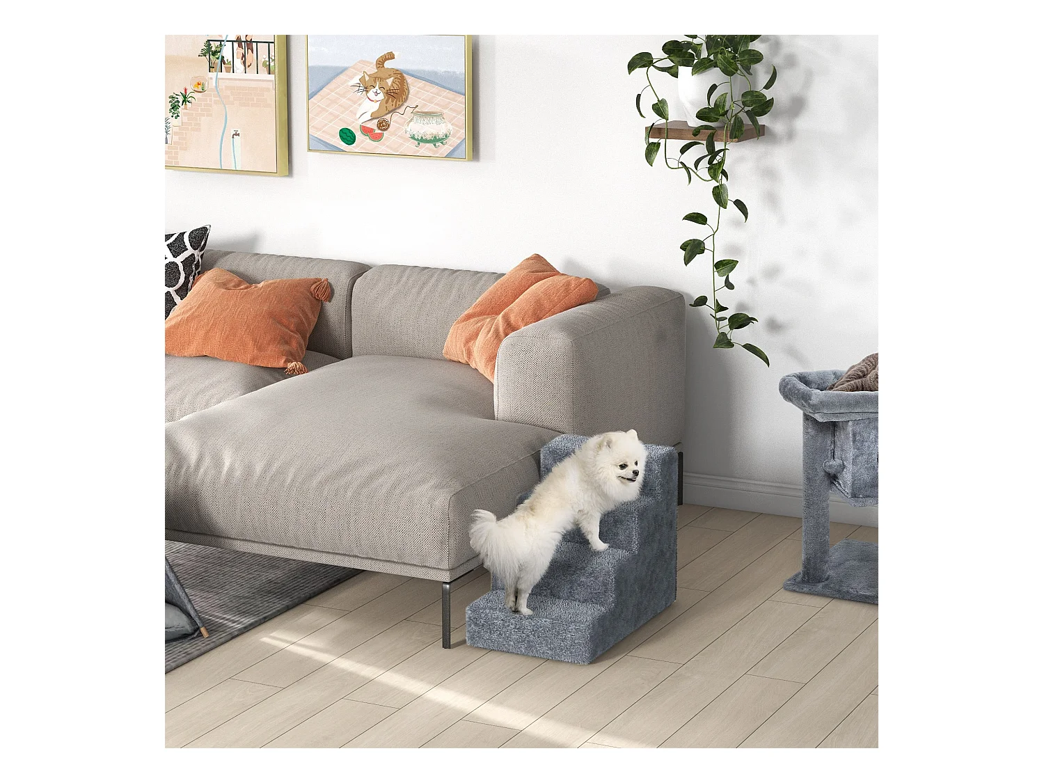 Scaletta per cani portatile a 4 gradini in poliestere e truciolato grigio