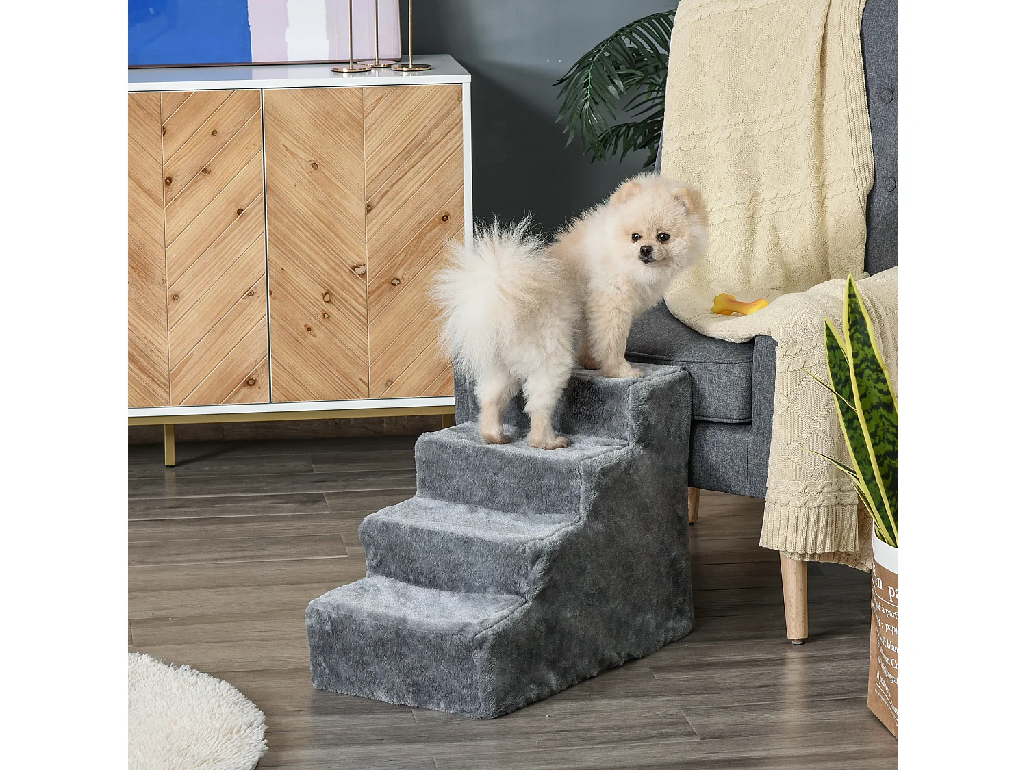 Scaletta per cani portatile a 4 gradini in poliestere e truciolato grigio