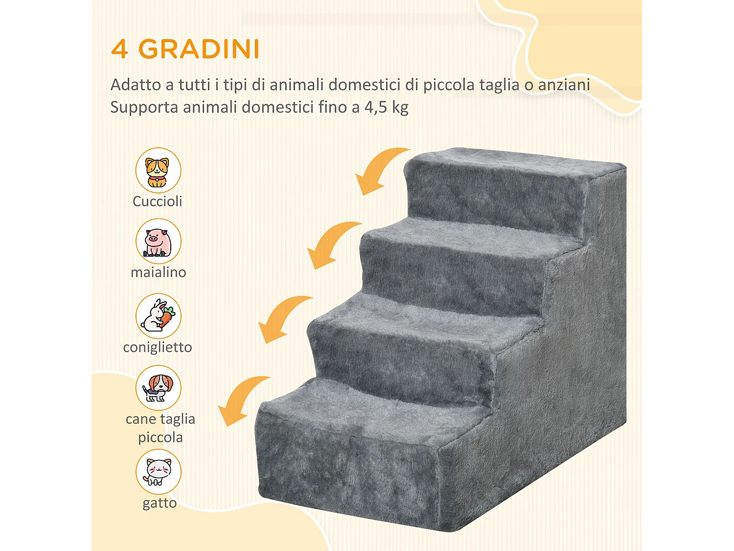 Scaletta per cani portatile a 4 gradini in poliestere e truciolato grigio