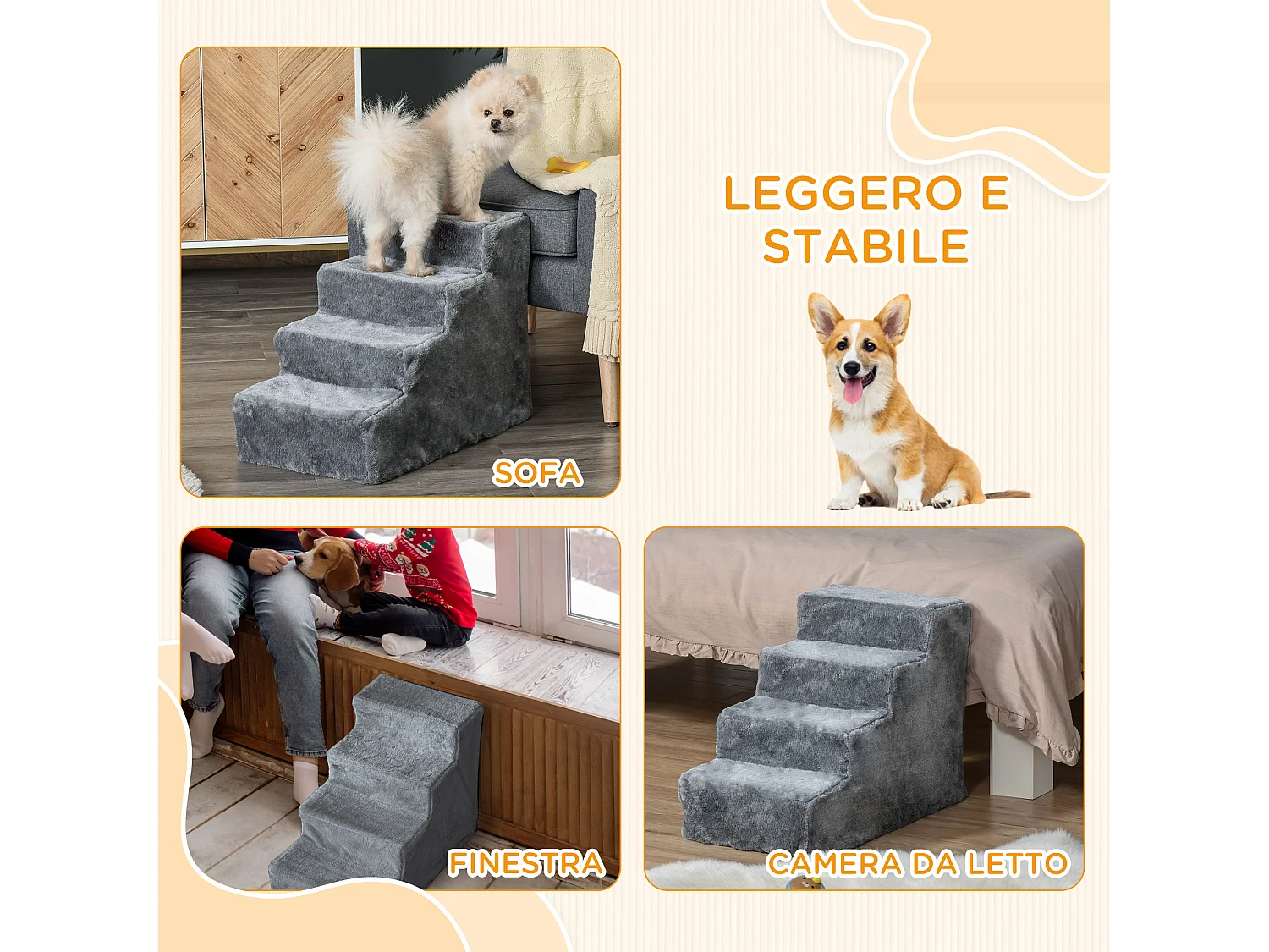 Scaletta per cani portatile a 4 gradini in poliestere e truciolato grigio