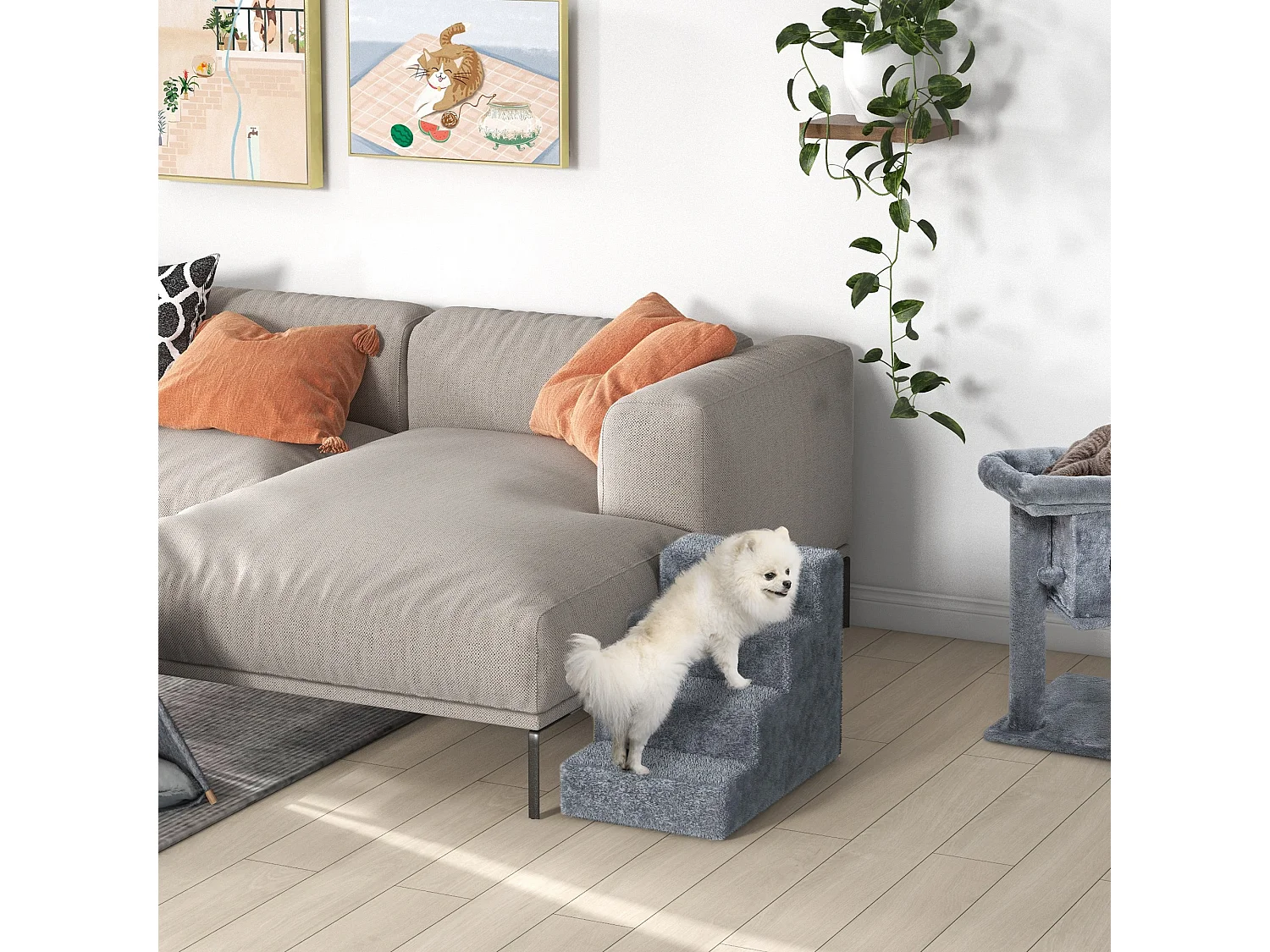 Scaletta per cani portatile a 4 gradini in poliestere e truciolato grigio