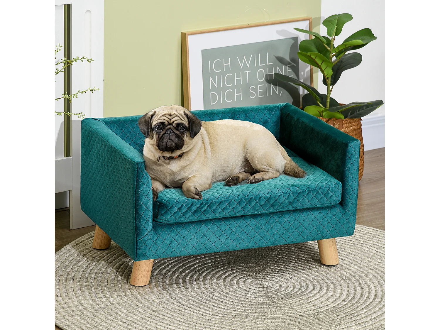 Divano per cani e gatti con cuscino imbottito in velluto e legno blu