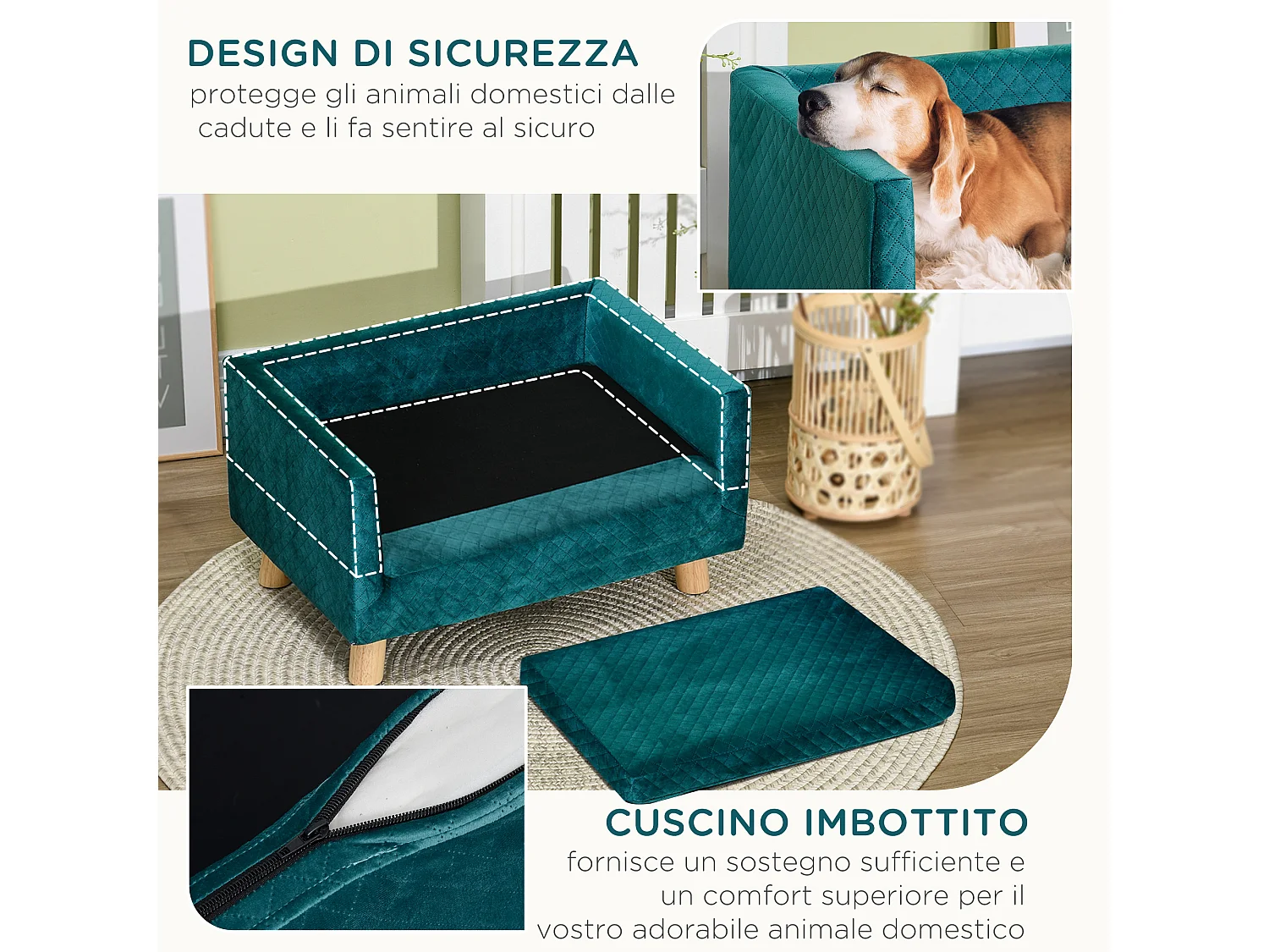 Divano per cani e gatti con cuscino imbottito in velluto e legno blu