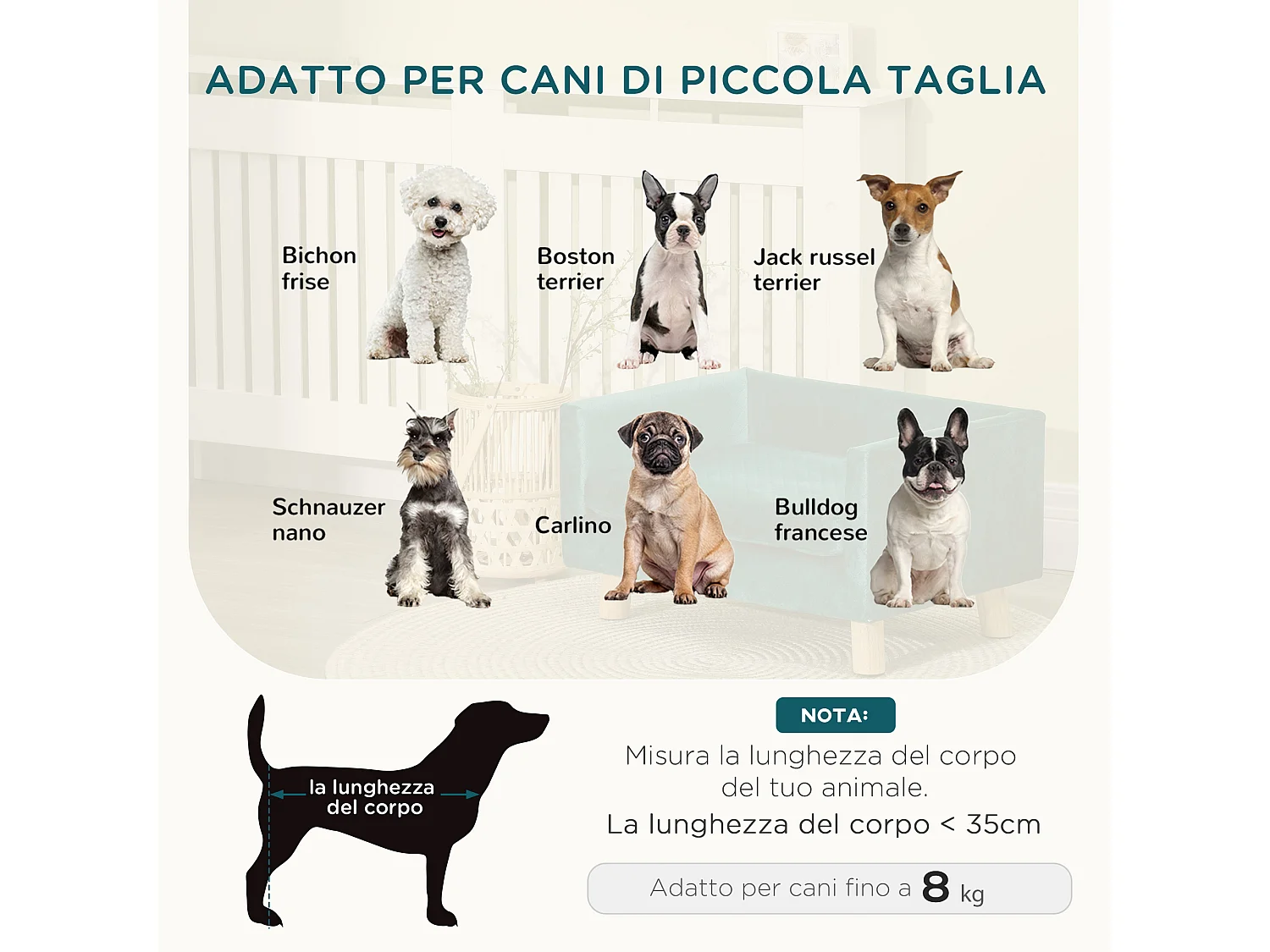 Divano per cani e gatti con cuscino imbottito in velluto e legno blu