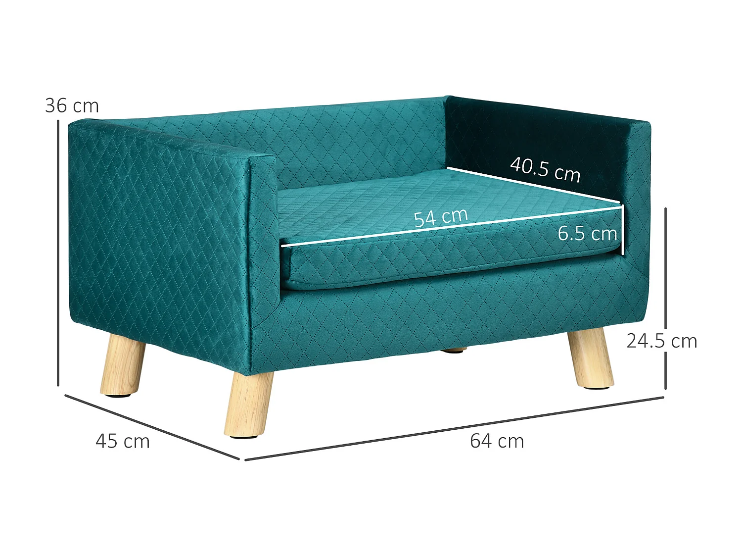 Divano per cani e gatti con cuscino imbottito in velluto e legno blu