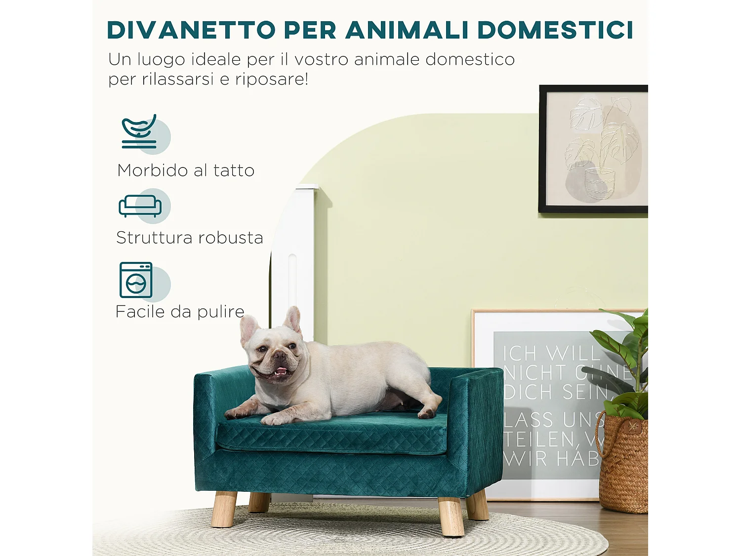 Divano per cani e gatti con cuscino imbottito in velluto e legno blu