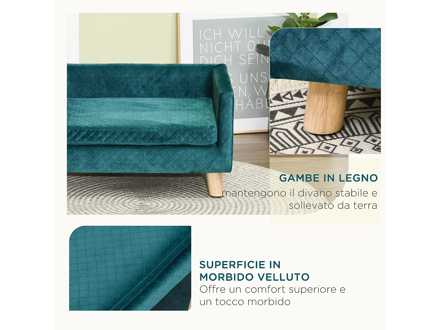 Divano per cani e gatti con cuscino imbottito in velluto e legno blu