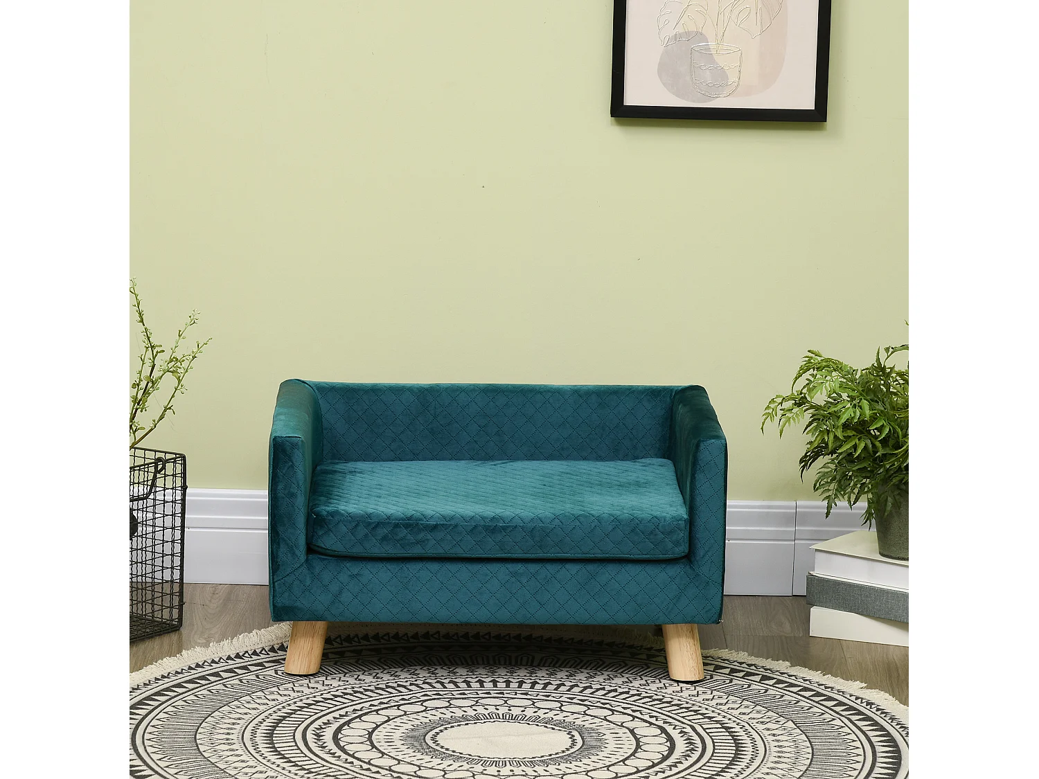 Divano per cani e gatti con cuscino imbottito in velluto e legno blu