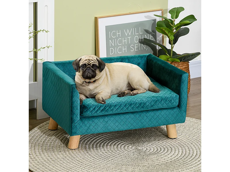 Divano per cani e gatti con cuscino imbottito in velluto e legno blu