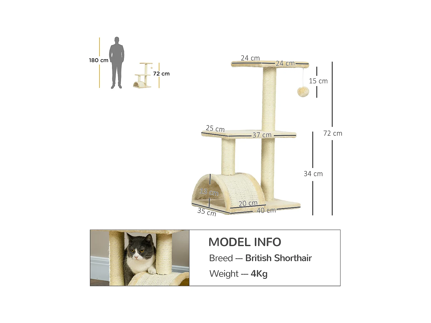 Albero per gatti a 3 livelli con tappetino tiragraffi e pallina crema